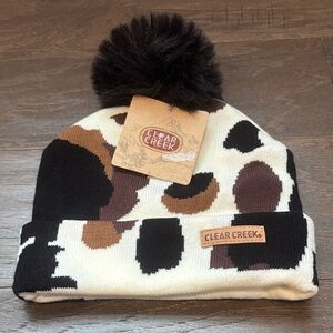 Clear Creek Cow Print Knit cuffed pom-pom,beanie, hat,leather patch logo